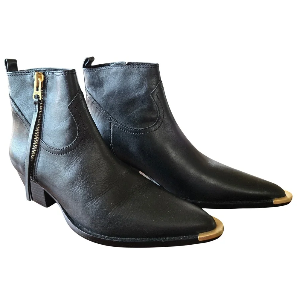 Schutz Chic Black Leather Pointed Toe Ankle Boots Gold Tip Western Women's 7M